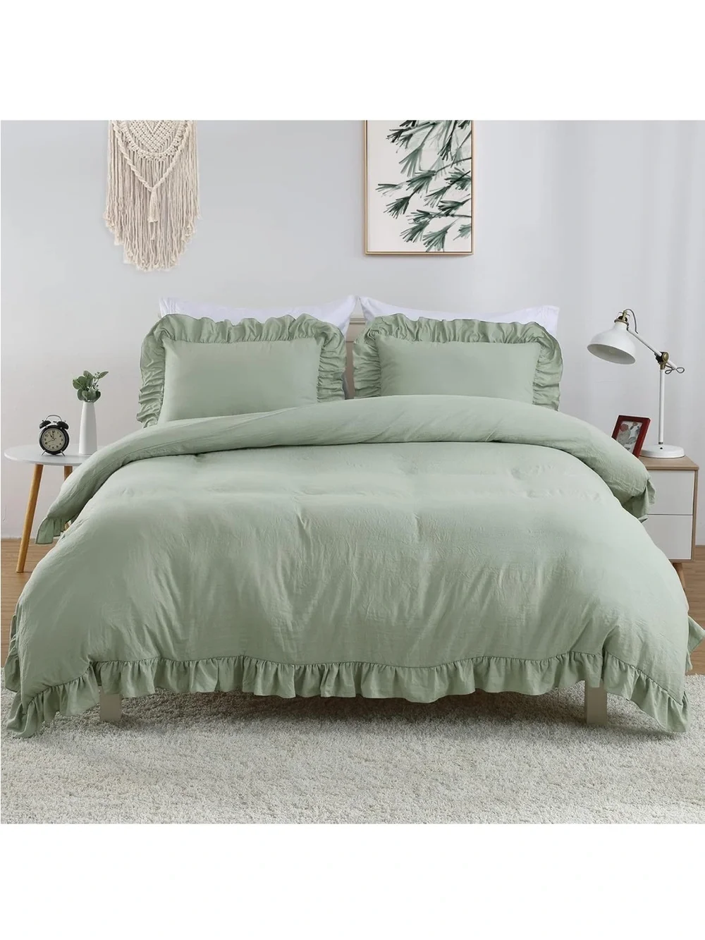 NEW CAROMIO Ruffle Duvet Cover King Size, 3PCS with Button Closure, Sage Green
